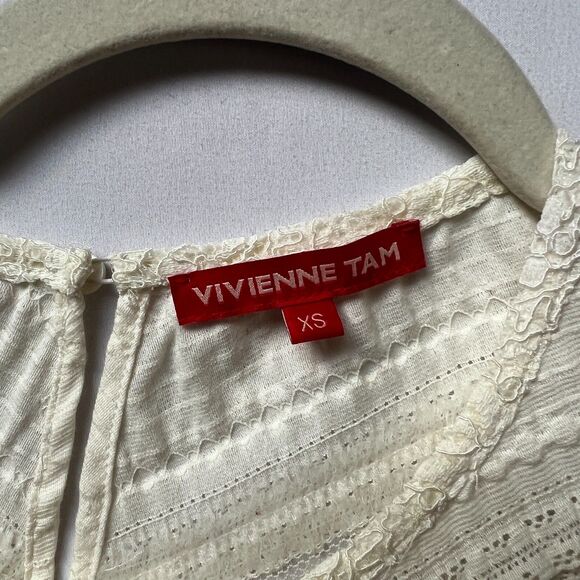 Vivenne Tam Cream Off White Lace Crochet Sheer Romantic Blouse XS - Picture 2 of 12